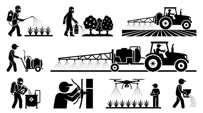 Vector silhouette icon set of agricultural crop spraying operations, featuring tractor boom sprayers, drone dusting, hazmat operators, and chemical handling.