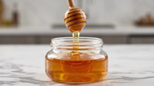 Honey dripping from wooden dipper into glass jar. Golden syrup pouring in kitchen.