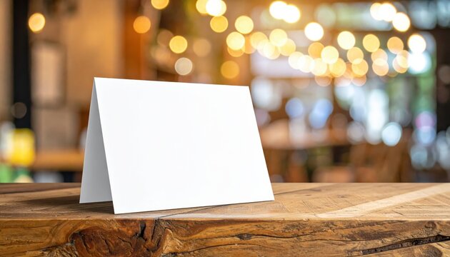 Blank Tent Card on Rustic Wooden Table with Warm Bokeh Lights in Cozy Cafe Background for Branding or Message Display
