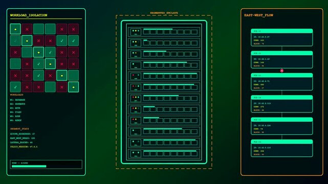A zero trust security dashboard displays digital network monitoring and complex server activity within a series of glowing modular interfaces on a dark computer monitor screen