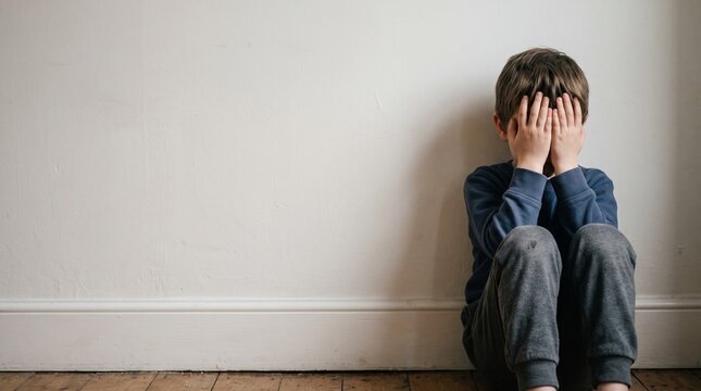 Young boy covering face with hands against plain wall, conveying sadness, isolation and emotional distress