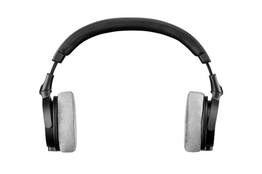 Black professional headphones with gray velour ear pads isolated. Transparent PNG image.