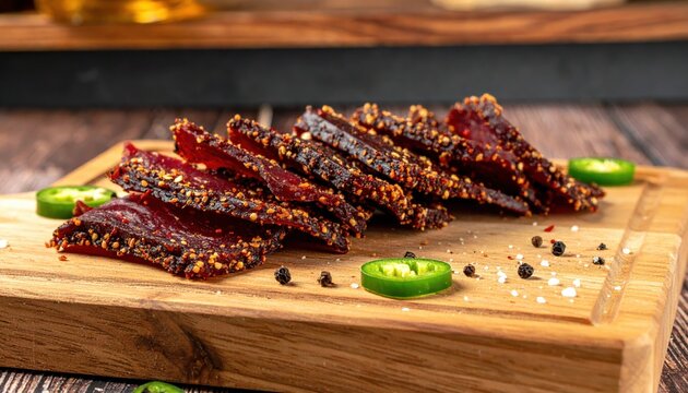 Close-up of spicy beef jerky slices on a wooden board with peppers and peppercorns, showcasing a savory snack.