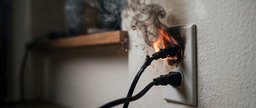 Burning electric wall outlet with smoke and fire sparking from cord