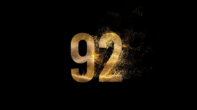 Beautiful Golden Number 92 with Golden Particles and Transparent Background, Golden Number Ninety Two