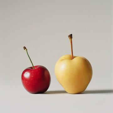 Fresh red cherry and yellow Asian pear with natural stems