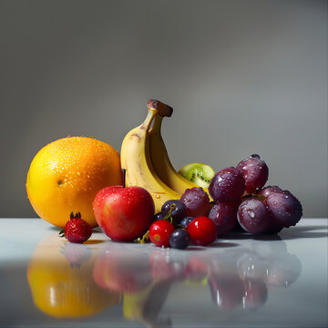 Fresh assorted fruits with water droplets for healthy eating and diet