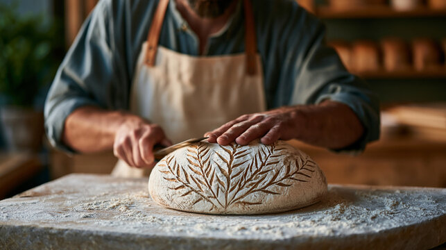 A baker in flour dusted apron scoring elaborate wheat stalk pattern into proofed sourdough boule with lame blade before loading onto oven stone, artisan bread craft and bakery