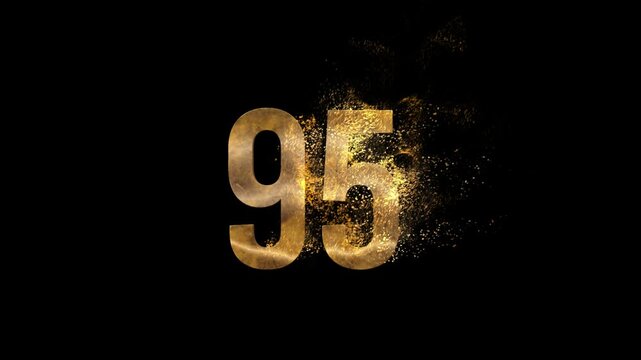 Beautiful Golden Number 95 with golden particles and transparent background, golden number ninety five