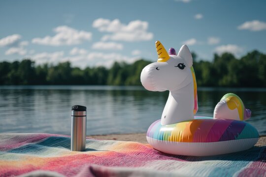 Inflatable unicorn pool float on a colorful picnic blanket by the lake. Summer beach fun and outdoor leisure activity. Vacation relaxation with a beverage flask on a sunny day.