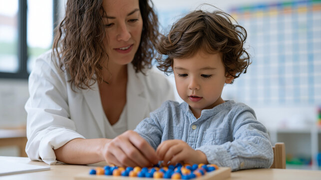 Pediatric occupational therapist guiding curly-haired boy through fine motor bead threading exercise on therapy table, bright sensory-friendly clinic, visual schedule board on