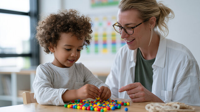 Pediatric occupational therapist guiding curly-haired boy through fine motor bead threading exercise on therapy table, bright sensory-friendly clinic, visual schedule board on