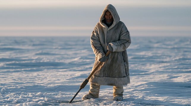 An Inuit ice fishing guide drills through thick lake ice in a remote winter landscape, overcast sky merging with the flat white horizon, traditional northern livelihood, Arctic