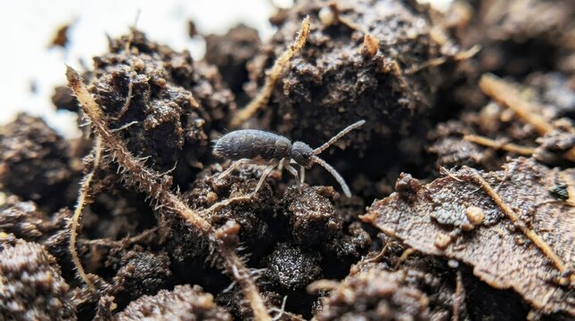 Ultra Realistic Springtail Insect Crawling Through Dark Moist Houseplant Soil With Roots And Organic Particles