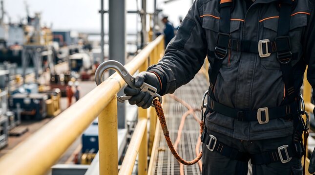 Worker in safety harness holding fall arrest hook on industrial platform