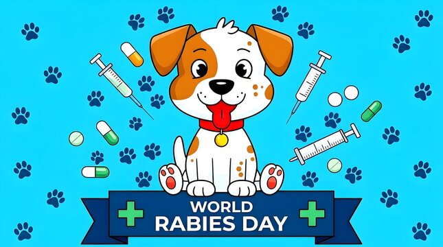 World Rabies Day vector banner featuring a cute cartoon puppy surrounded by medical syringes, pills, and capsules, set against a bright blue background pattern of dog paw prints.