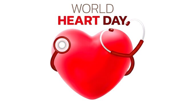World Heart Day medical graphic template featuring a large 3D glossy red heart shape wrapped with a stethoscope medical equipment icon, isolated on a plain clean white background.