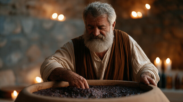 Bearded Georgian winemaker submerging grape cap by hand in large clay qvevri vessel buried in earthen cellar floor, candlelit underground atmosphere, harvest season fermentation,
