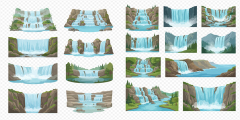 Set of beautiful natural waterfalls and cascades in various landscapes, featuring flowing water, rocks, and lush greenery. © Akun