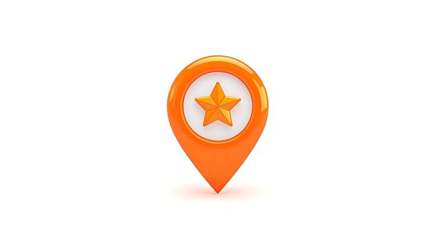 An orange map pin icon with white circular center containing yellow star, digital design resembling location marker used in maps or apps, bright color emphasizing point of interest or favorite place