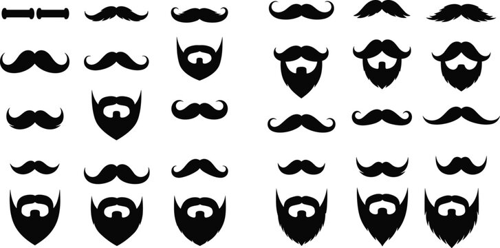 Large collection of black mustache and beard silhouettes vector set featuring various men hair styles isolated on white background for barber shop design.