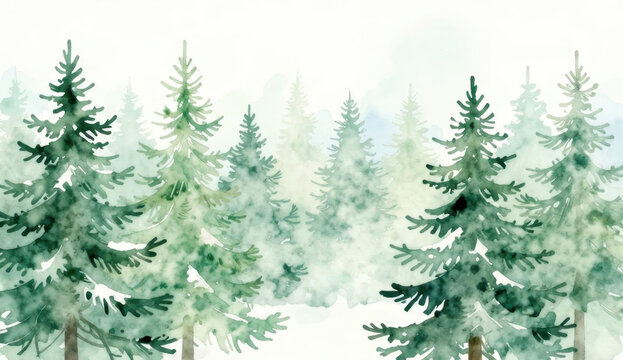 Light misty aquamarine green and white gradient watercolor illustration of textured coniferous fir forest. Evergreen watercolour pine trees landscape print for winter Christmas design, poster, card