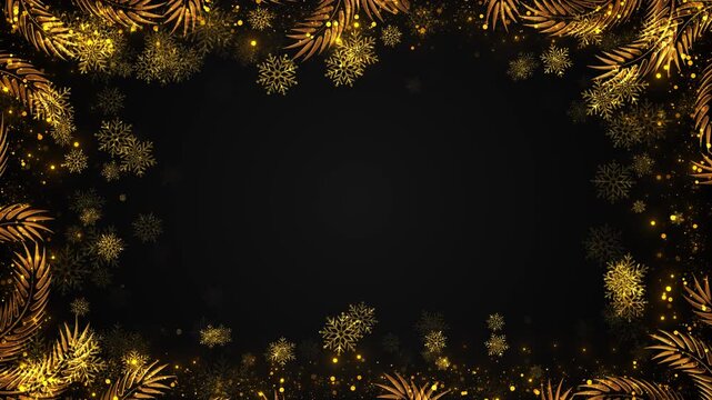 Gold snowflake Christmas frame black background with festive leaves, glowing dots, elegant empty center. holiday luxury greetings, winter invitations, festive titles, seasonal promos, motion overlays.