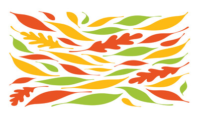 Fototapeta premium Leaves in Autumn Colors Floating in a Delicate Pattern Featuring Orange, Red, Yellow with Green and Nature Elements for Fall