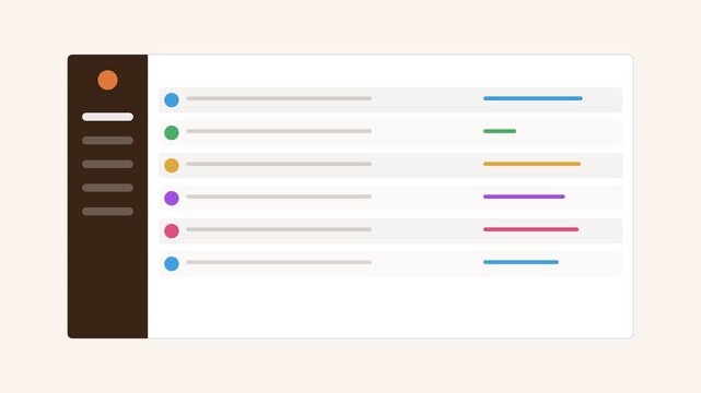 analytics dashboard with a dark sidebar and an animated data table, orange color scheme