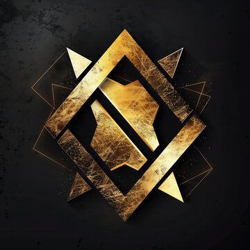 Abstract gold geometric pattern with textured metallic shapes and triangles