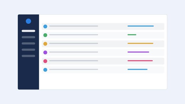 analytics dashboard with a dark sidebar and an animated data table, blue color scheme