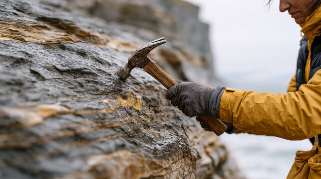 Norwegian geologist collecting rock core sample from exposed coastal cliff face during fieldwork expedition, geological hammer in hand, specimen bags hanging from vest, rain