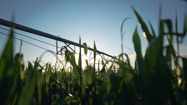 A water pump in the sun. A field of crops with sunlight. A farm with greenery and machinery outdoors. A water pump exposed to sunlight lifestyle.