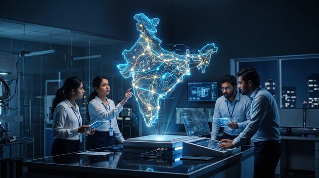 Team of tech professionals analyzing an interactive glowing 3D hologram map of India in a modern high-tech laboratory