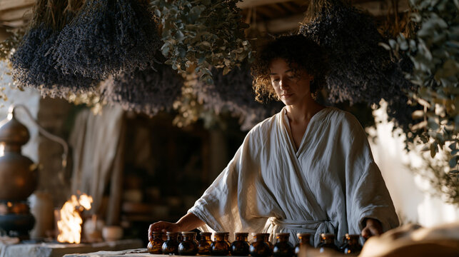 An aromatherapy practitioner arranges rows of small amber distillation vessels over a low flame in a botanical workshop, dried lavender and eucalyptus hanging from ceiling beams,