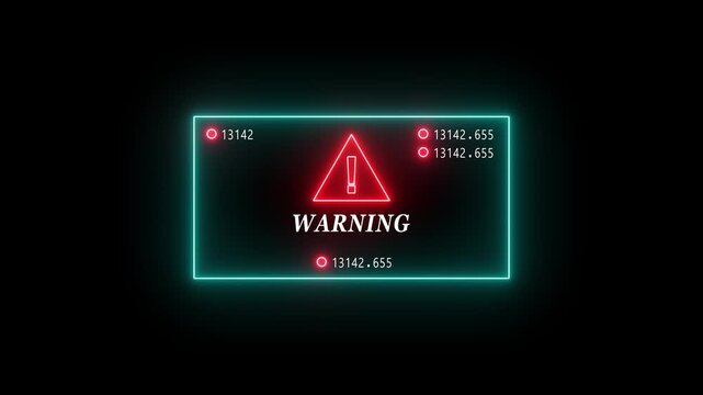 Neon warning sign hud interface with digital data counters and alert symbol