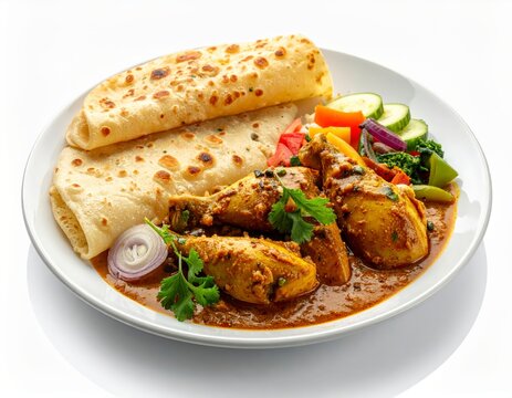 Gourmet presentation of Madurai style chicken parotta salna combo served on a white plate over white background