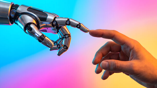 Robotic finger touching human fingertip in a symbolic moment of connection and collaboration
