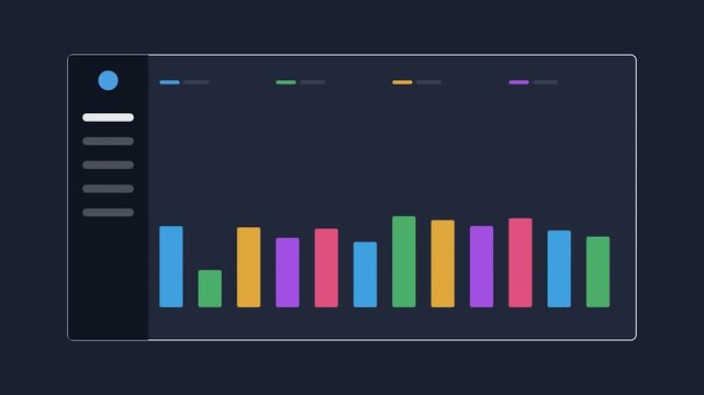analytics dashboard with a dark sidebar and a colorful bar chart, dark color scheme