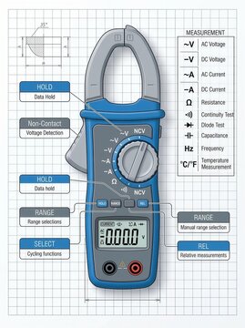 Detailed diagram of a digital clamp meter with labeled functions and measurements for electrical diagnostics and testing