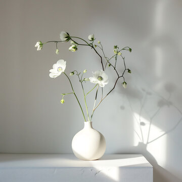 Ceramic vase with white anemone flowers and buds for home decor