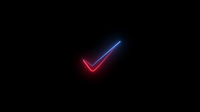Neon check mark symbol glowing in red and blue light on black background, tick