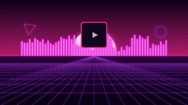 Synthwave Audio Spectrum Music Visualizer Neon Sunset Retro Grid Floor Equalizer Bars Purple Pink Seamless Loop. 4k