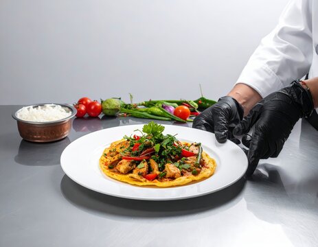 Professional chef hands in black gloves holding a white plate of South Indian parotta with chicken topping