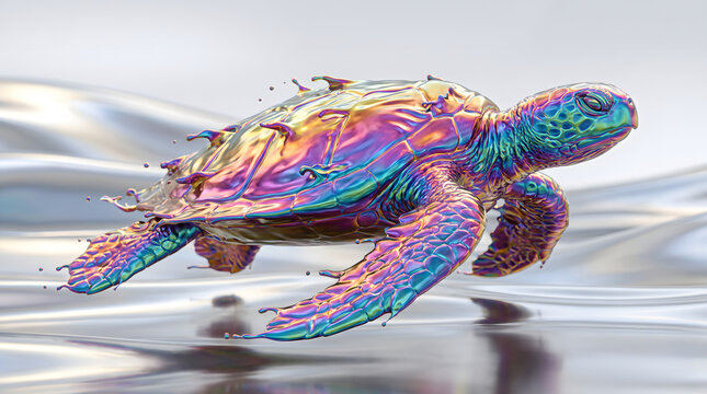 Iridescent metallic sea turtle swimming in water with vibrant holographic reflections