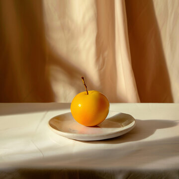 Yellow plum fruit ceramic plate with sunlight