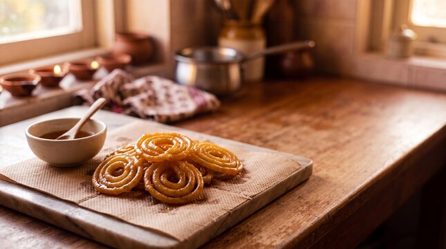 Golden jalebi spiral sweets with bowl of syrup on wooden kitchen counter with glowing diya lamps, traditional indian dessert for diwali festival celebration.