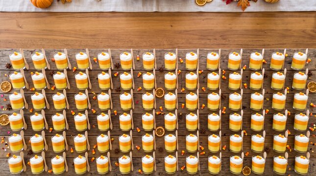 Rows of layered candy corn dessert cups in orange yellow and white with mini pumpkins on rustic wooden table, halloween party sweets buffet seen from above.