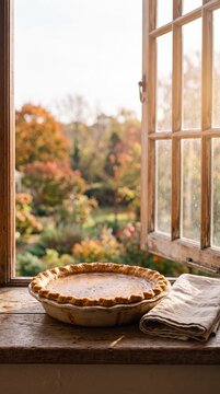 Homemade pumpkin pie cooling on rustic wooden windowsill by open window with autumn garden view, traditional thanksgiving baking in warm golden fall sunlight.