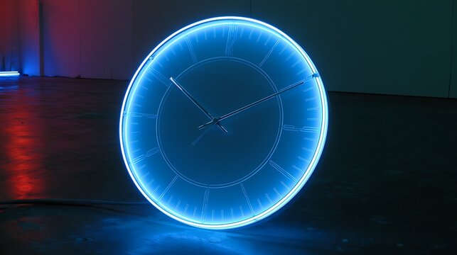 A futuristic digital clock light effect. A glowing silhouette of a clock representing time. Background laser blue neon clock vector illustration
